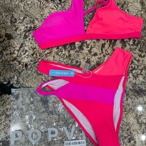 POPVIL Women's Colorblock Pink Bikini Set